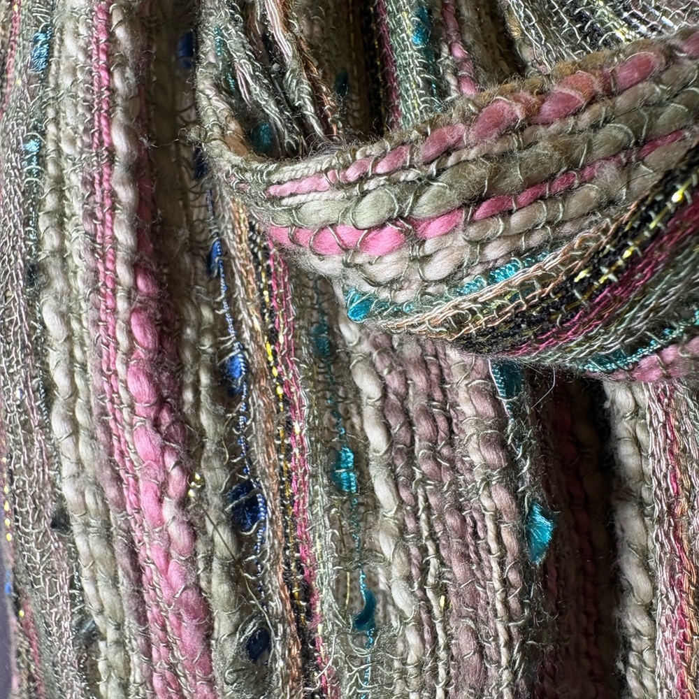 Artisan Mixed Fiber Scarf - Sage Green Pink Gold Metallic Thread, Boho Luxe